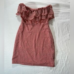 MAJORELLE Strapless Ruffled Lace Dress in Dusty Rose